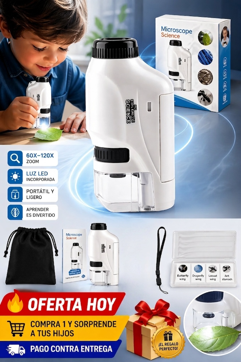 🔬 Microscopio Portátil para Niños con Luz LED y Zoom 60X-120X