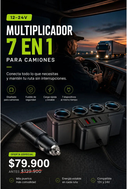 Adaptador de Carga 7 en 1 para Camiones 12V/24V Carga Rápida