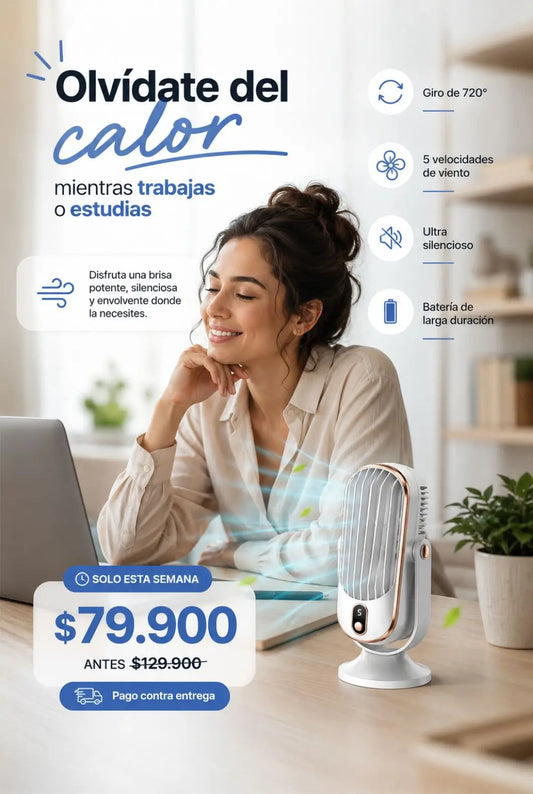 Ventilador Portátil Recargable con Rotación 720°, Doble Motor y 5 Niveles de Potencia