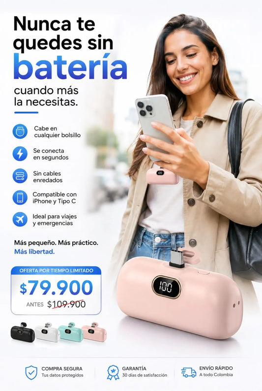 Power Bank de Bolsillo 5000mAh con Conector Integrado para Cargar al Instante