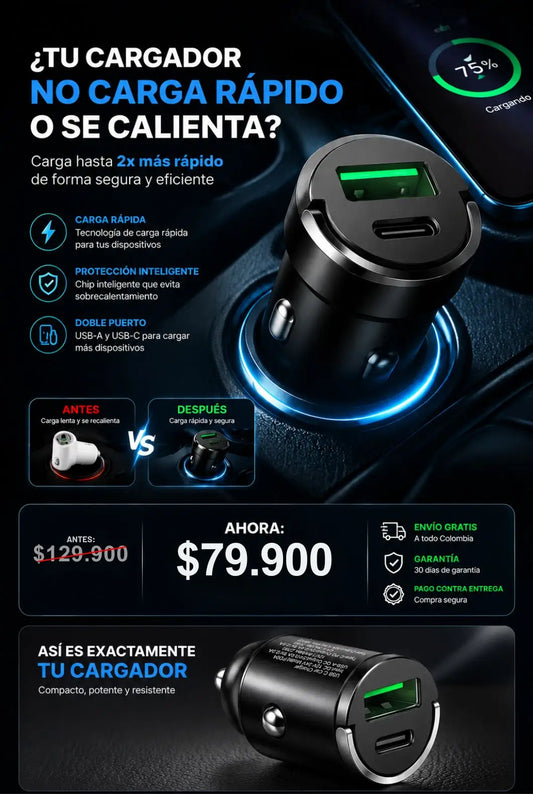 Cargador USB + Tipo C para Carro de 100W con Control Inteligente de Temperatura