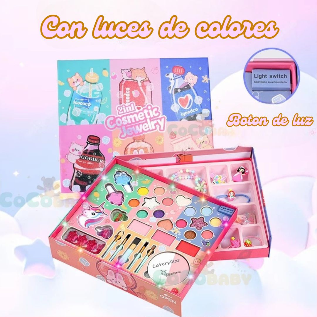 Magic Beauty Box💟 Kit De Maquillaje con Joyería Para Niñas Con Luces No Tóxico 🎁