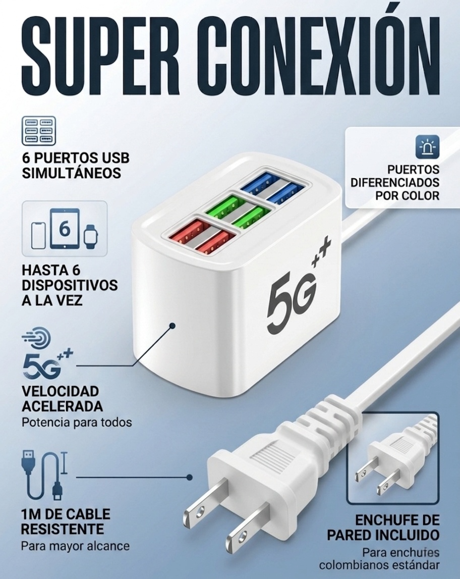 ⚡Cargador rápido USB 6 en 1 con cable de 1 metro (30W)