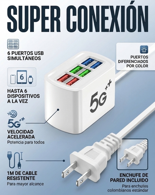 ⚡Cargador rápido USB 6 en 1 con cable de 1 metro (30W)