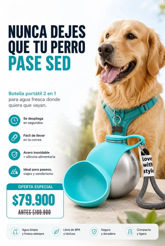 Botella Bebedero Portátil Antiderrames de Acero Inoxidable para Perros