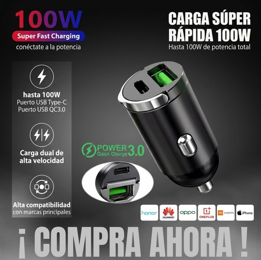 Cargador compacto de coche 2 en 1 USB + Tipo C - carga rápida